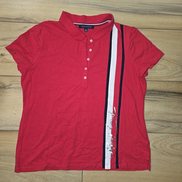 Tommy Hilfiger Women’s XL Polo Shirt Red Short Sleeve Striped Logo Casual Top - Picture 1 of 9